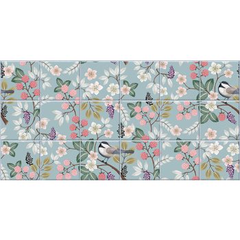 Ceramic tile mural with birds, raspberries, blackberries and flowers for kitchen decor