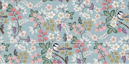 Ceramic tile mural with birds, raspberries, blackberries and flowers for kitchen decor