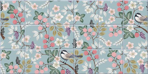 Ceramic tile mural with birds, raspberries, blackberries and flowers for kitchen decor