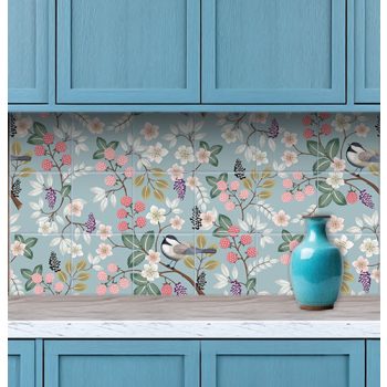 Ceramic tile mural with birds, raspberries, blackberries and flowers for kitchen decor