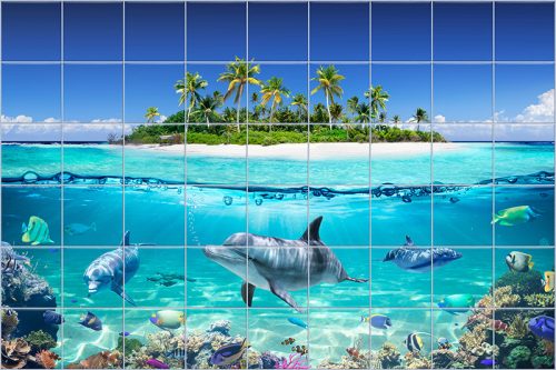 Tropical dolphin bathroom tile mural with coral reef and palm island