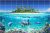Tropical dolphin bathroom tile mural with coral reef and palm island