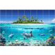 Tropical dolphin bathroom tile mural with coral reef and palm island