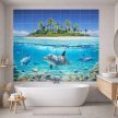 Tropical dolphin bathroom tile mural with coral reef and palm island