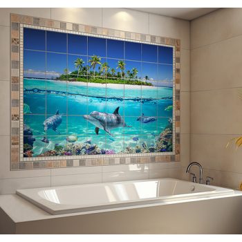 Delfines fürdőszoba csempe pálmafás korallzátonyos mintával