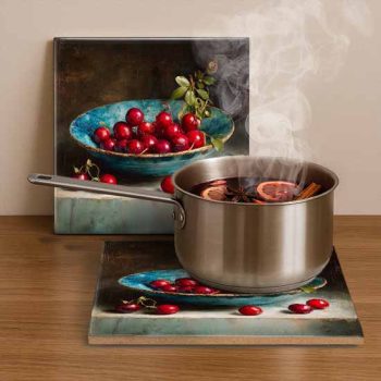 Cranberry still life ceramic tile trivet with blue bowl and green leaves