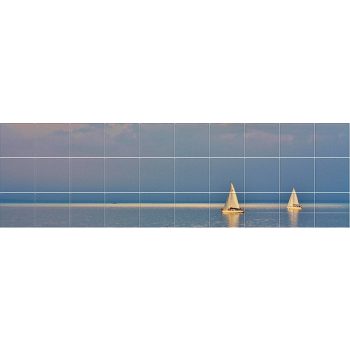 Ceramic tile mural of Lake Balaton in Hungary with sailboats, still water and evening glow Ceramic tile mural of Lake Balaton in Hungary with sailboats, still water and evening glow