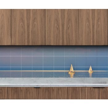 Ceramic tile mural of Lake Balaton in Hungary with sailboats, still water and evening glow