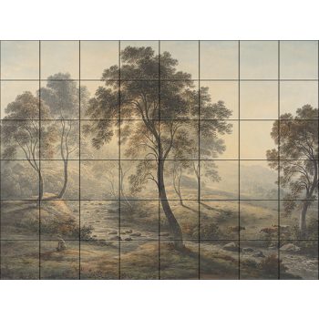 Klasszikus tájkép patakkal és fákkal, reggeli fényben – kerámia fali csempekép Klasszikus tájkép patakkal és fákkal, reggeli fényben – kerámia fali csempekép