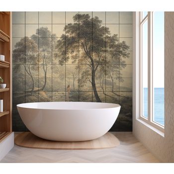 Ceramic tile mural with river, trees and morning light in classic landscape scene