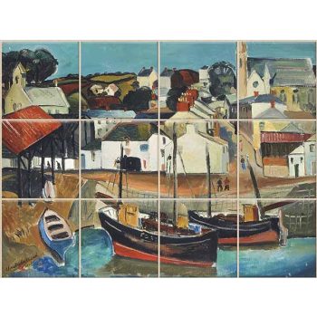 Csempekép halászhajókkal és kikötői jelenettel Csempekép halászhajókkal és kikötői jelenettel