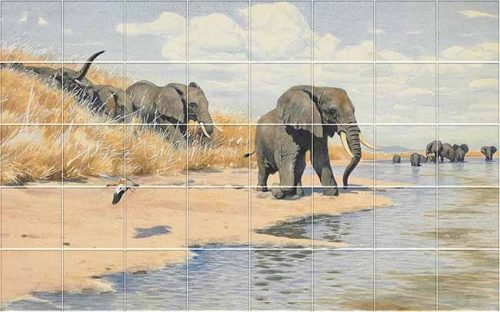 Ceramic tile mural - elephants at the lake 