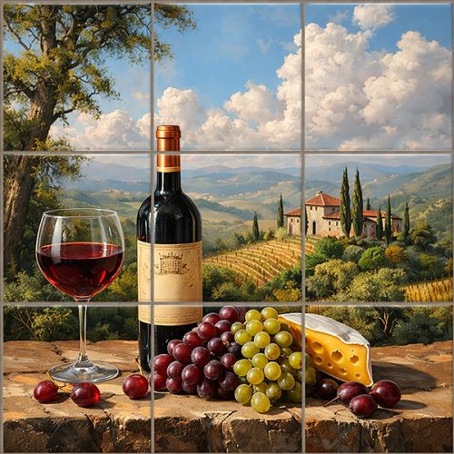 Ceramic tile mural of wine bottle, glass of red wine, grapes, cheese, and Tuscan vineyard landscape with villa and cypress trees