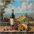 Ceramic tile mural of wine bottle, glass of red wine, grapes, cheese, and Tuscan vineyard landscape with villa and cypress trees