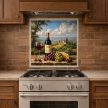 Ceramic tile mural of wine bottle, glass of red wine, grapes, cheese, and Tuscan vineyard landscape with villa and cypress trees