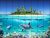 Tropical dolphin bathroom tile mural with coral reef and palm island
