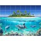 Tropical dolphin bathroom tile mural with coral reef and palm island