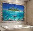 Tropical dolphin bathroom tile mural with coral reef and palm island