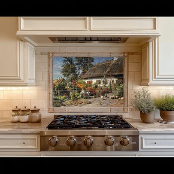 cottage garden with flowers and chickens – kitchen tiles