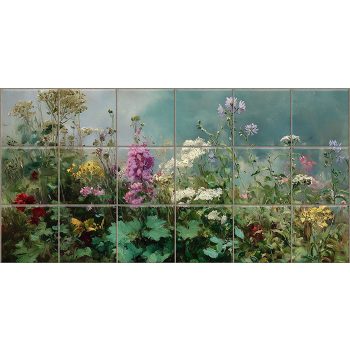 Wildflower ceramic tile mural with purple, red, white and yellow flowers, green leaves and blue sky background Wildflower ceramic tile mural with purple, red, white and yellow flowers, green leaves and blue sky background