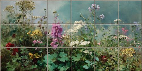 Wildflower ceramic tile mural with purple, red, white and yellow flowers, green leaves and blue sky background