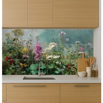 Wildflower ceramic tile mural with purple, red, white and yellow flowers, green leaves and blue sky background