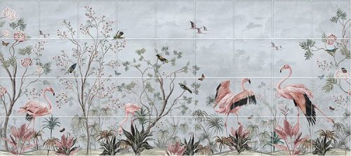 Flamingos and tropical birds among pastel plants – elegant tile mural