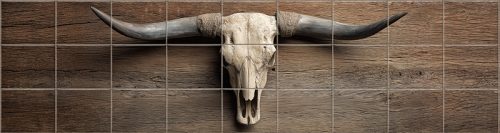 Tile mural with longhorn skull and wooden background