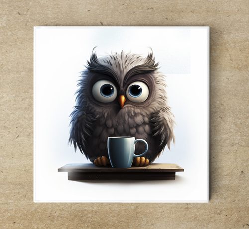 Owl with mug - ceramic tile trivet