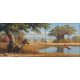 Zebra and flamingo in African landscape with baobab trees – exotic ceramic decor tile