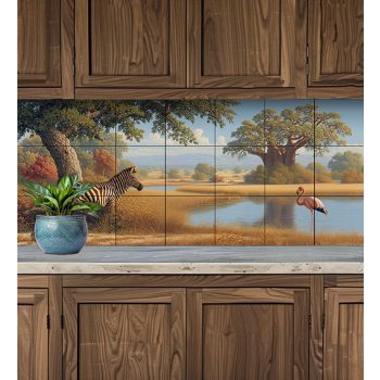 Zebra and flamingo in African landscape with baobab trees – exotic ceramic decor tile