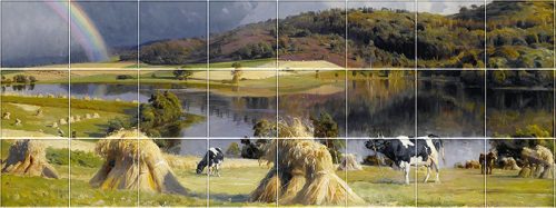 Ceramic tile mural of a countryside scene with cows, hay and a rainbow