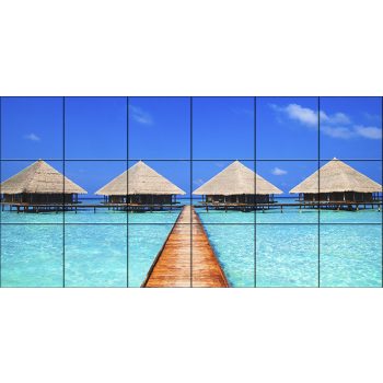 Overwater bungalows with wooden pier on turquoise sea – tropical tile mural Overwater bungalows with wooden pier on turquoise sea – tropical tile mural