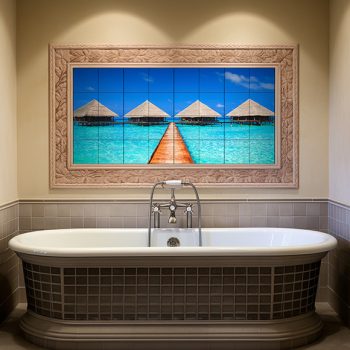 Overwater bungalows with wooden pier on turquoise sea – tropical tile mural