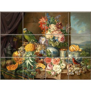 Parrot and fruit still life ceramic tile mural with flowers Parrot and fruit still life ceramic tile mural with flowers