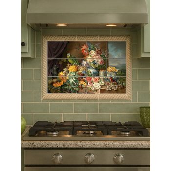 Parrot and fruit still life ceramic tile mural with flowers