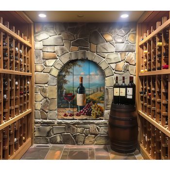 Ceramic tile mural of wine bottle, glass of red wine, grapes, cheese, and Tuscan vineyard landscape with villa and cypress trees