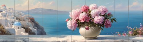 Mediterranean Tile Mural with Peonies and Santorini View