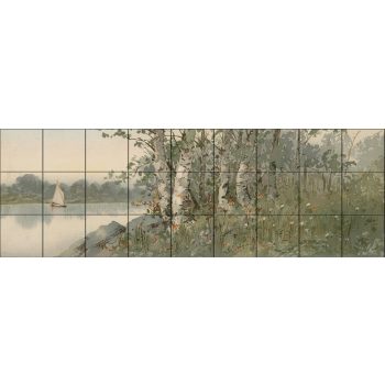Ceramic tile mural with river, birch trees, wildflowers, and a sailboat Ceramic tile mural with river, birch trees, wildflowers, and a sailboat