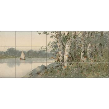 Ceramic tile mural with river, birch trees, wildflowers, and a sailboat