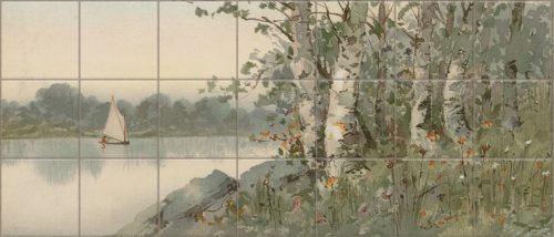 Ceramic tile mural with river, birch trees, wildflowers, and a sailboat