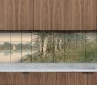 Ceramic tile mural with river, birch trees, wildflowers, and a sailboat