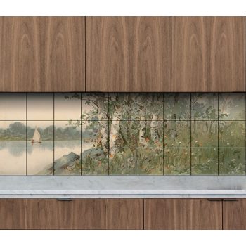 Ceramic tile mural with river, birch trees, wildflowers, and a sailboat