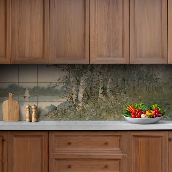 Ceramic tile mural with river, birch trees, wildflowers, and a sailboat