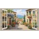 Mediterranean window tile mural – Tuscan street with floral houses and scenic hill view