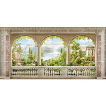 Mediterranean Tile Mural with Classic Terrace, Pavilion and Lake View Mediterranean Tile Mural with Classic Terrace, Pavilion and Lake View