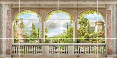 Mediterranean Tile Mural with Classic Terrace, Pavilion and Lake View