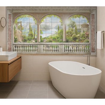 Mediterranean Tile Mural with Classic Terrace, Pavilion and Lake View