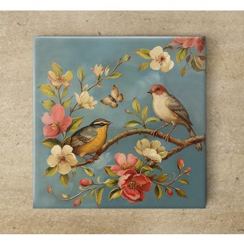 Birds on the peach tree - tile trivet
