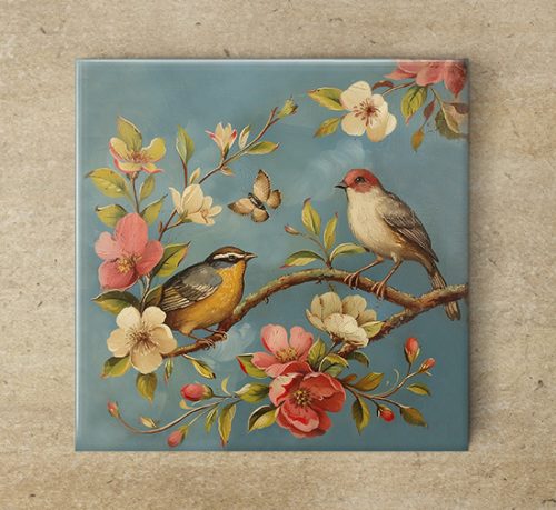 Birds on the peach tree - tile trivet